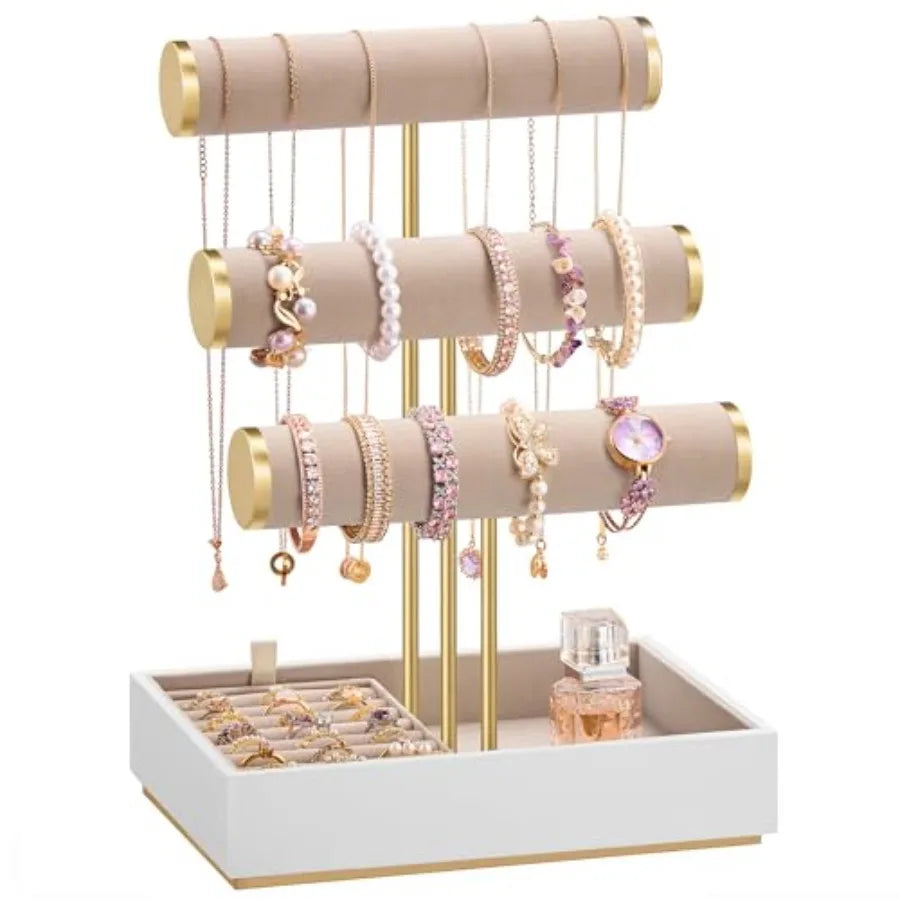 Bracelet Holder Stand, Jewelry Display Stand, Jewelry Organizer, with 3 Tiers and Velvet Tray, Removable Ring Holder, Cloud Whi TAVEN System LLC
