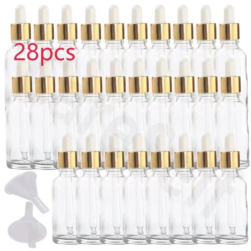 28pcs 15/30/50ml Golden Empty Dropper Bottle Essential Oil Glass Bottle Refillable Aromatherapy with Funnel Glass Eye Dropper TAVEN System LLC