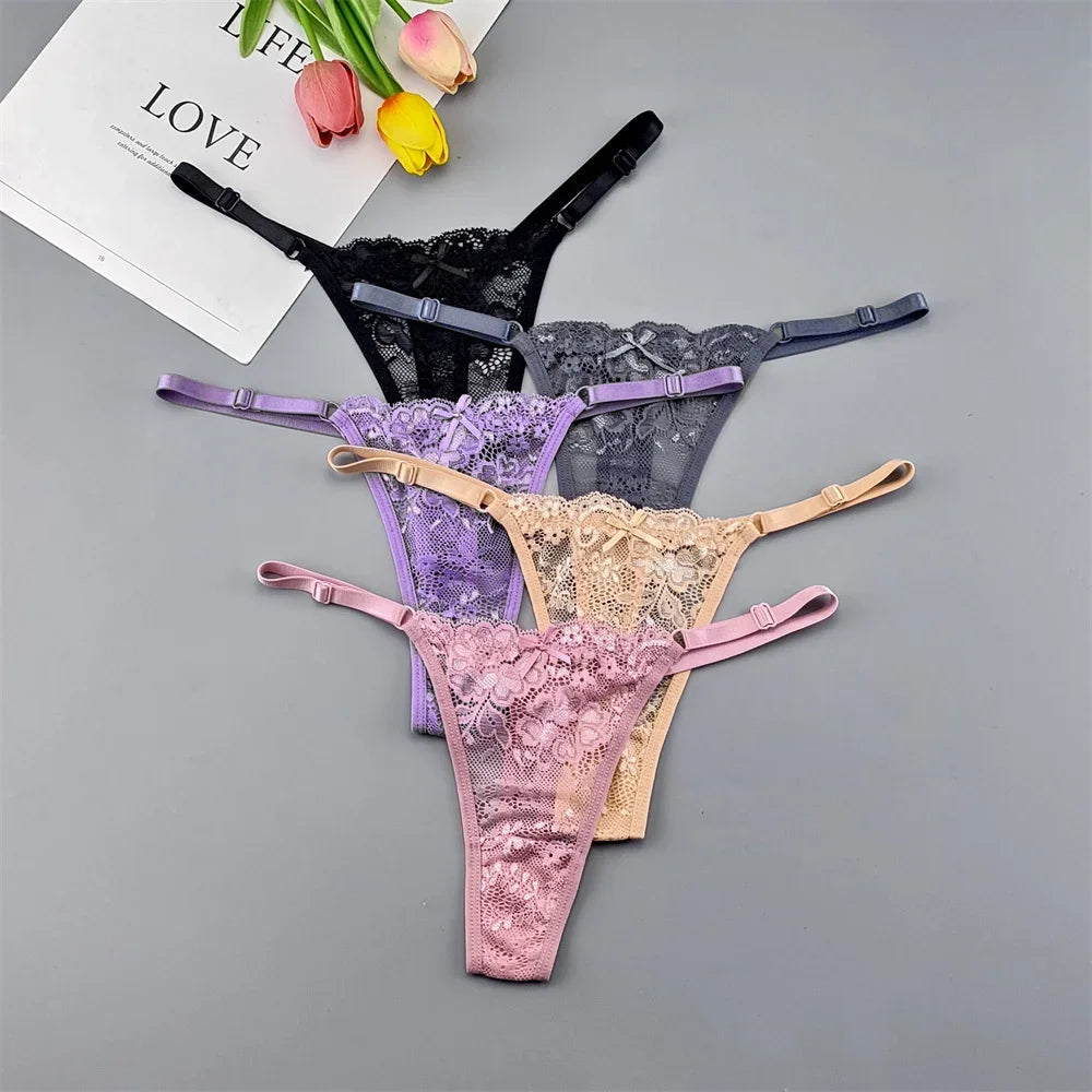 5PCS Free Shipping Seamless Women Thong Panties Adjust Belt Sexy Ice Silk G-string Lady Low Waist Lace Bikini T-back Plus Size TAVEN System LLC