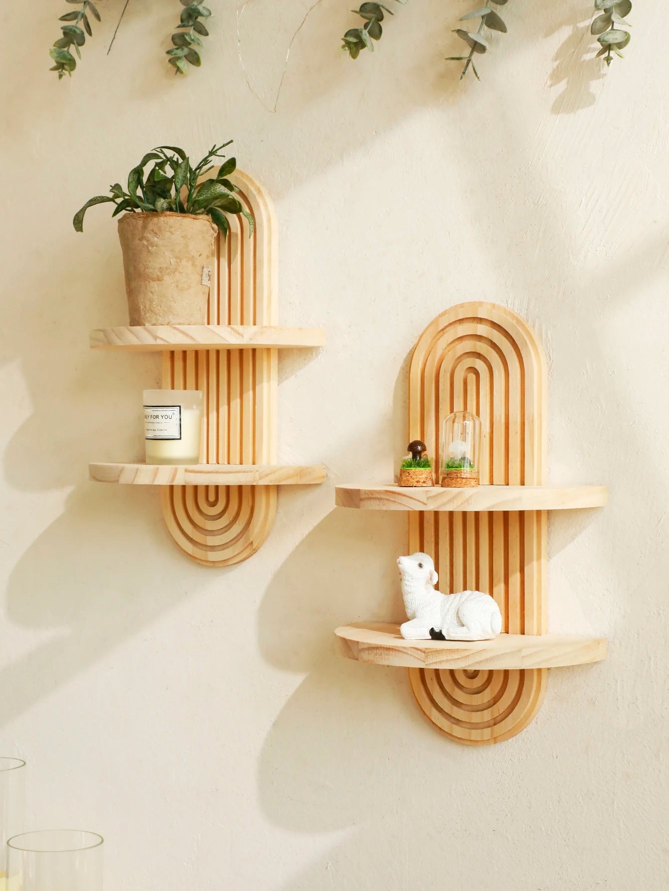 1Pc Boho Style Wooden Wall Shelves - Geometric Wall Mounted Shelves, Natural Wood Finish, Modern Home Decor, Plant Decorative TAVEN System LLC
