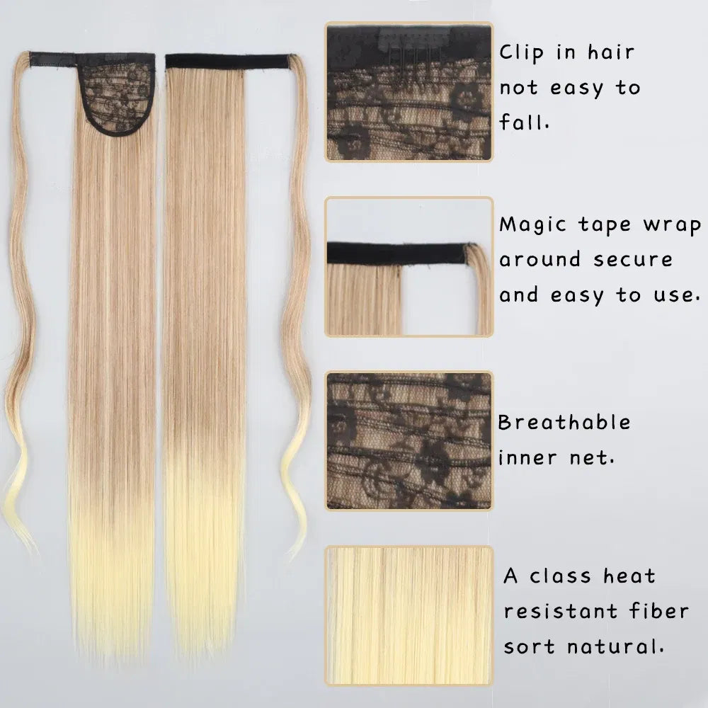 Color: T1B/350, Stretched Length: 34inches - AZQUEEN Straight Synthetic Hairpiece With Ponytail 85cm Super Long Wrap Around Clip In Hair Extensions Pony Tail For Daily Wear Taven