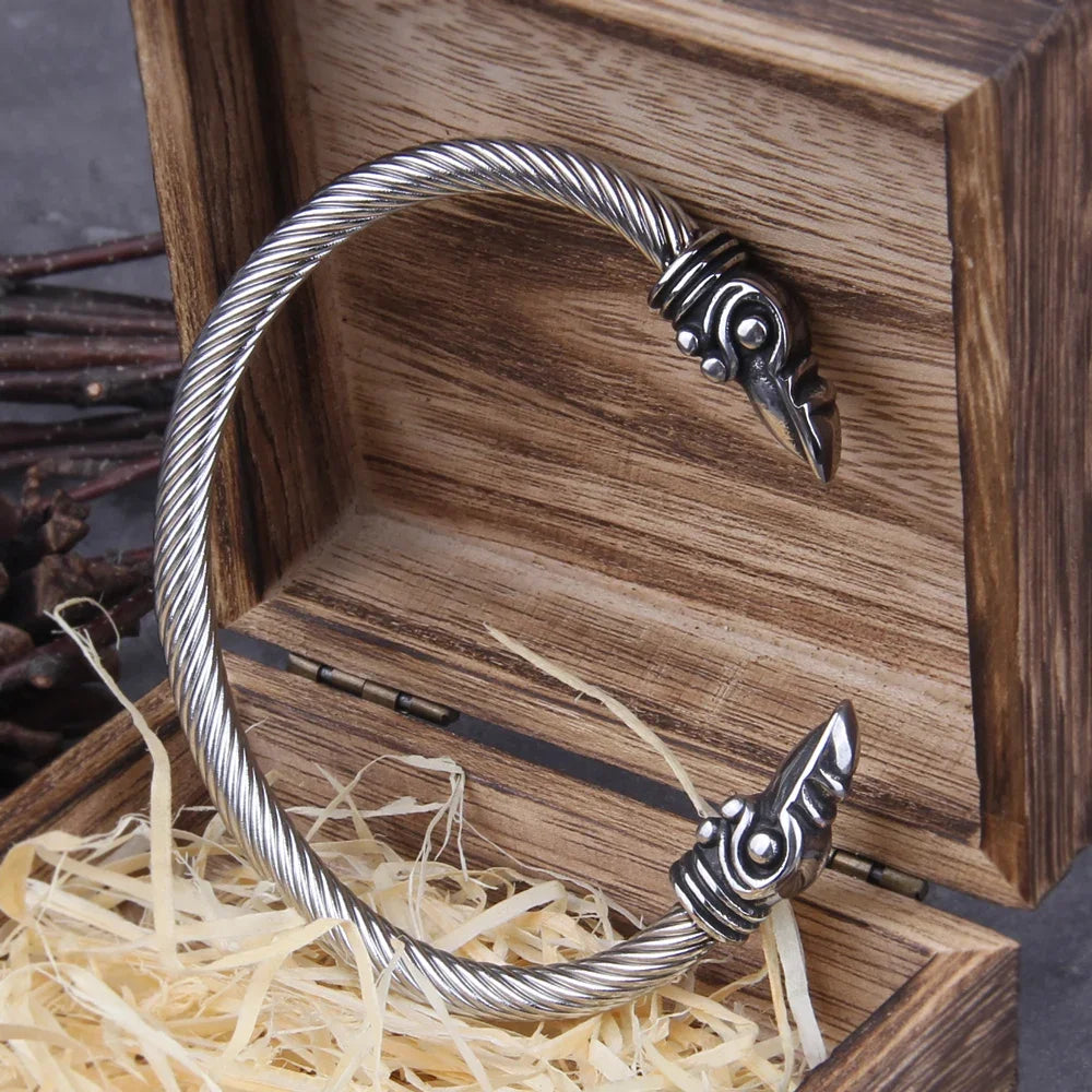 Stainless Steel Nordic Viking Norse Raven Bracelet Men Wristband Cuff Bracelets with viking wooden box TAVEN System LLC