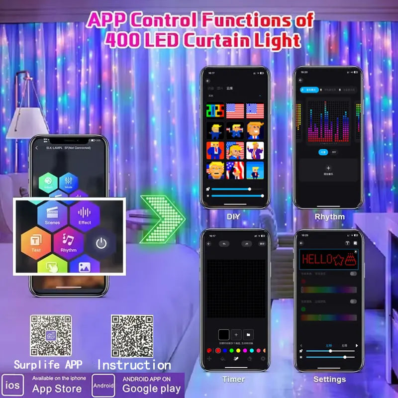 400 LED Smart Curtain Lights String Lights with App Remote Control Music Sync Christmas Curtain String Outdoor Fairy Lights TAVEN System LLC