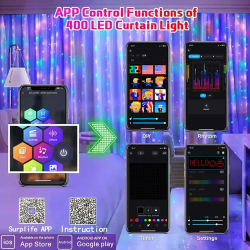 400 LED Smart Curtain Lights String Lights with App Remote Control Music Sync Christmas Curtain String Outdoor Fairy Lights TAVEN System LLC