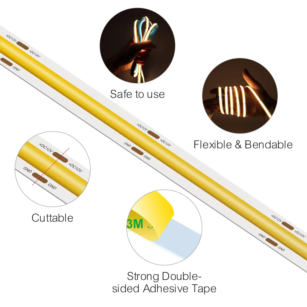 3mm 5mm 8mm COB LED Strip 12V 24V Dimmable Tape LED Ice Blue Yellow Red Green Pink White For Home Decor RA90 LED Strip Lighting TAVEN System LLC