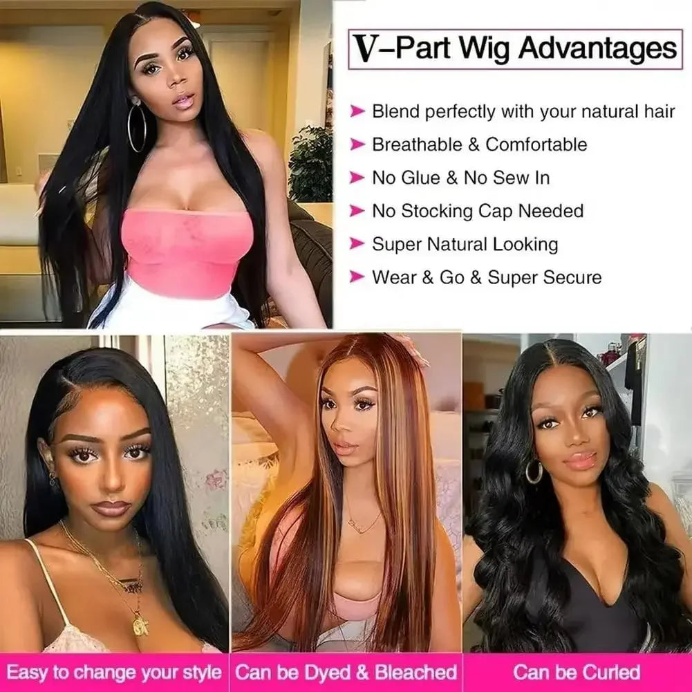 Straight V Part Brazilian Remy Human Hair Wig Glueless Long