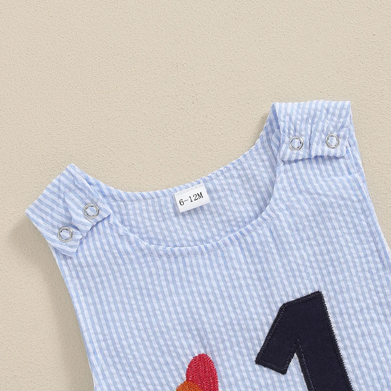 Baby Boy Striped Birthday Overalls with Cake Embroidery Outfit