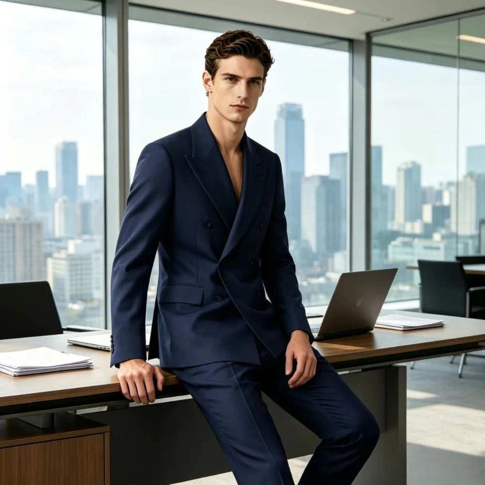 Men Double Breasted Wedding Suit Slim Fit 2 Piece Formal Blazer Set TAVEN System LLC