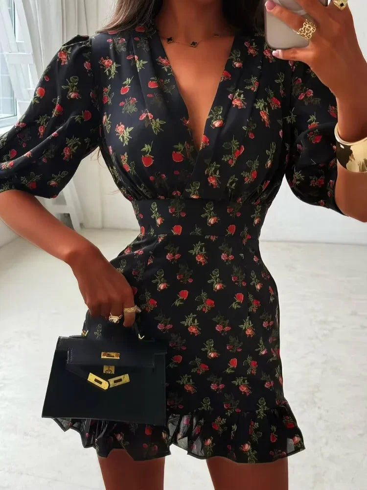 Women Elegant Printed Short Dress Chic V-neck Short Sleeve A-line Bodycon Mini Dresses 2026 Lady New Summer Vacation Street Robe TAVEN System LLC