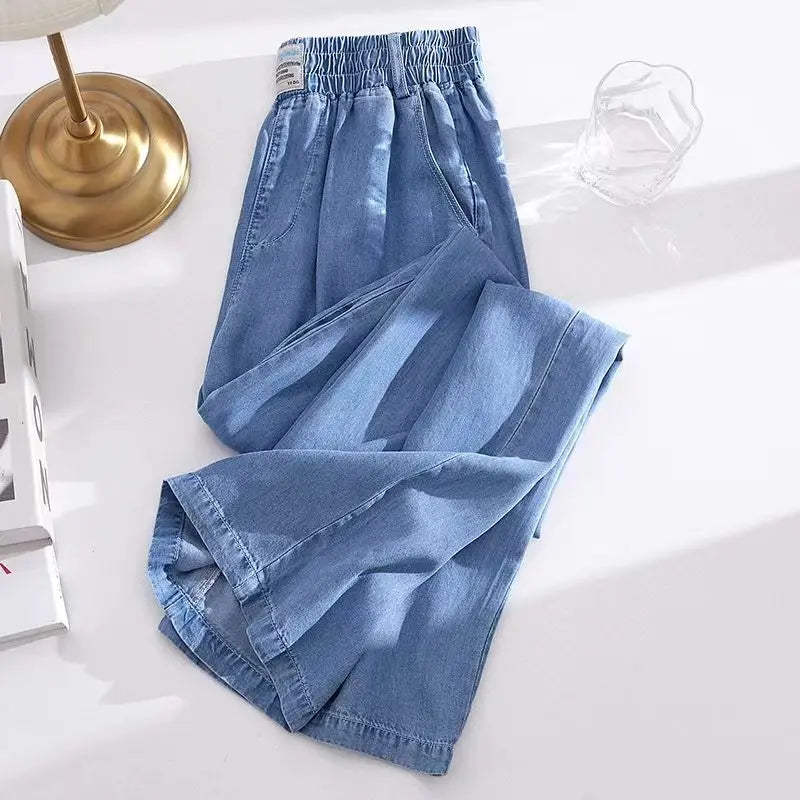 Women Plus Size Loose Fit Ice Silk Jeans Wide Leg Pants TAVEN System LLC