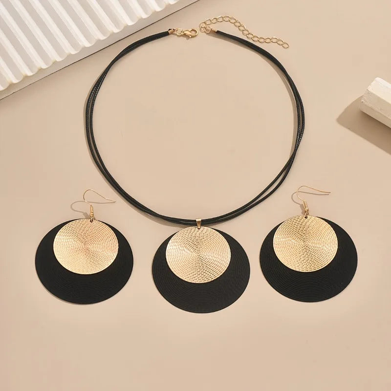 3pc/set Large Round Earrings Collar Necklace Set for Women Exaggerated PU Rope Chains Metal Geometric Pendant Necklace Jewelry TAVEN System LLC