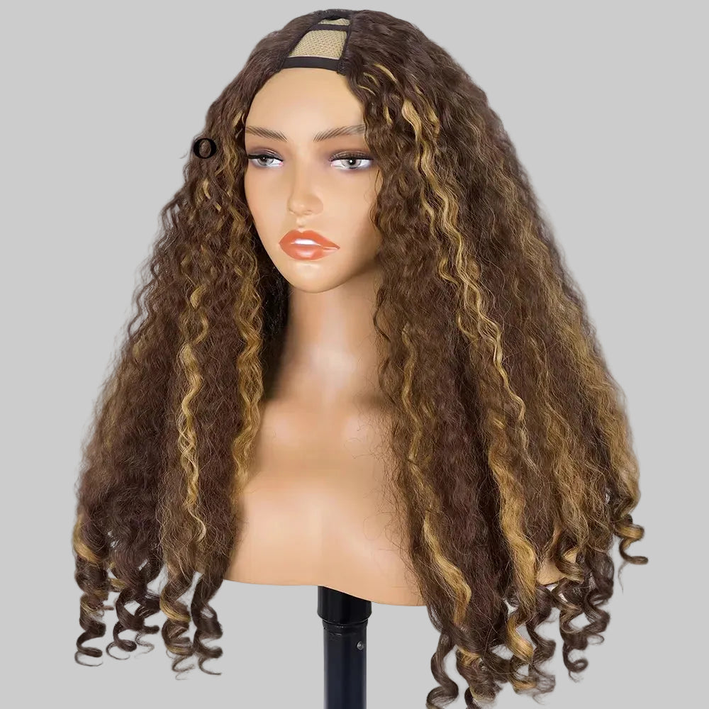 Afro Kinky Straight V Part Synthetic Glueless Wig for Women