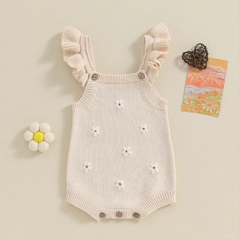 Baby Girl Floral Embroidered Knitted Sleeveless Romper Outfit