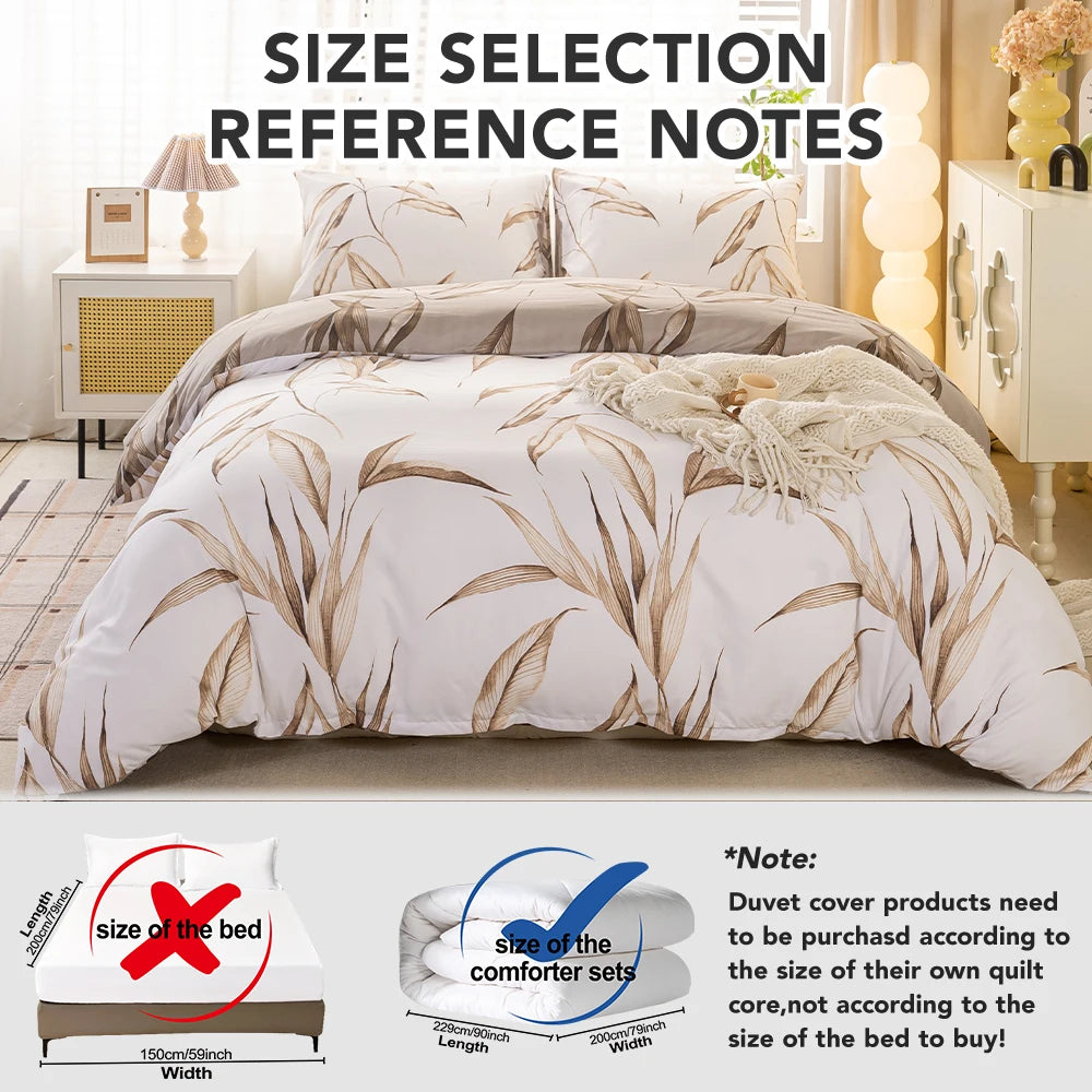 3pcs Fashion Reversible Watercolor Brown Tropical Leaf Printed Duvet Cover Set, Soft And Breathable, All-Season Universal TAVEN System LLC