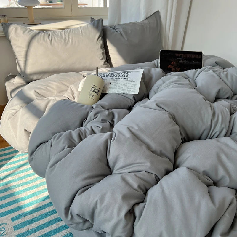 Cotton Bedding Set 4pcs with Solid Bed Sheet Duvet Cover Pillowcases Single Couple Bedsheet King Queen Double Twin Size TAVEN System LLC