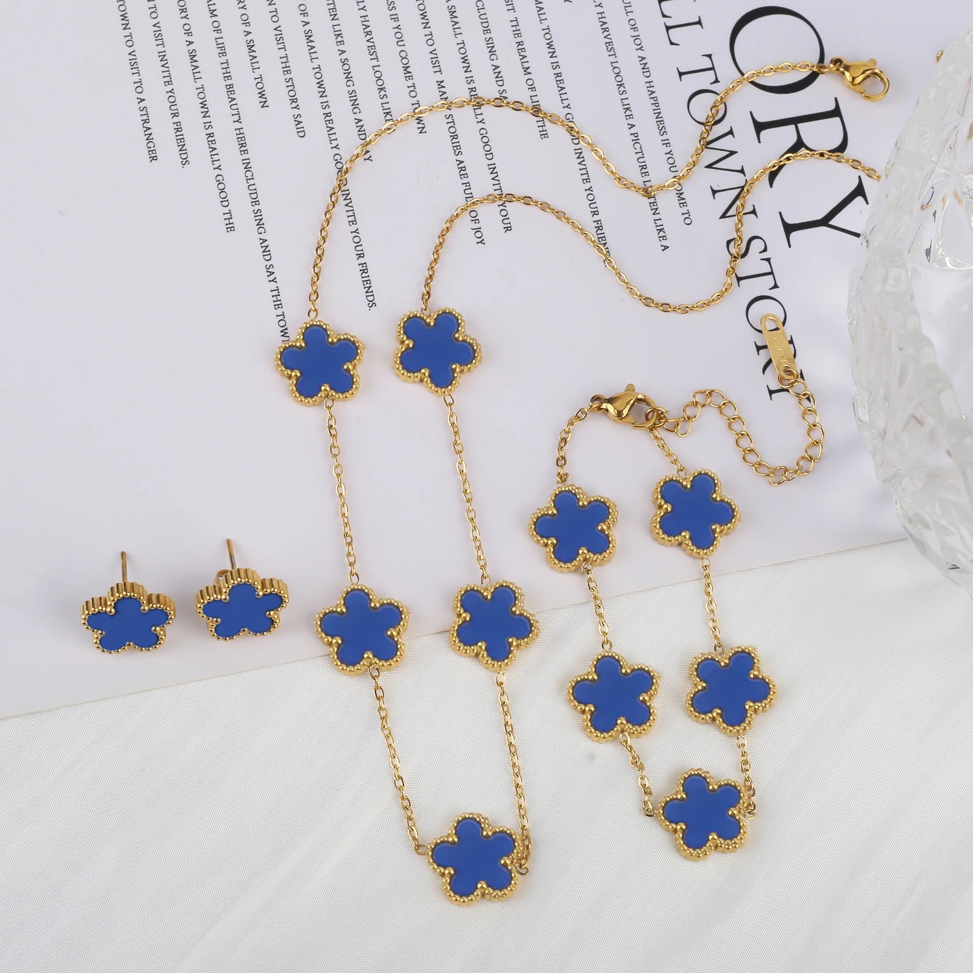 Simple 316L Stainless Steel Flower Five Leaf Necklace Bracelet Earrings 18K Gold Plated Jewelry Set for Women Girl Gift Clover TAVEN System LLC