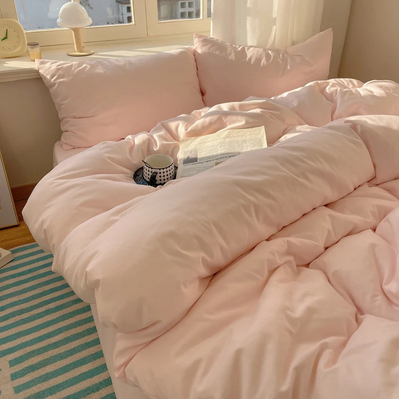 Cotton Bedding Set 4pcs with Solid Bed Sheet Duvet Cover Pillowcases Single Couple Bedsheet King Queen Double Twin Size TAVEN System LLC