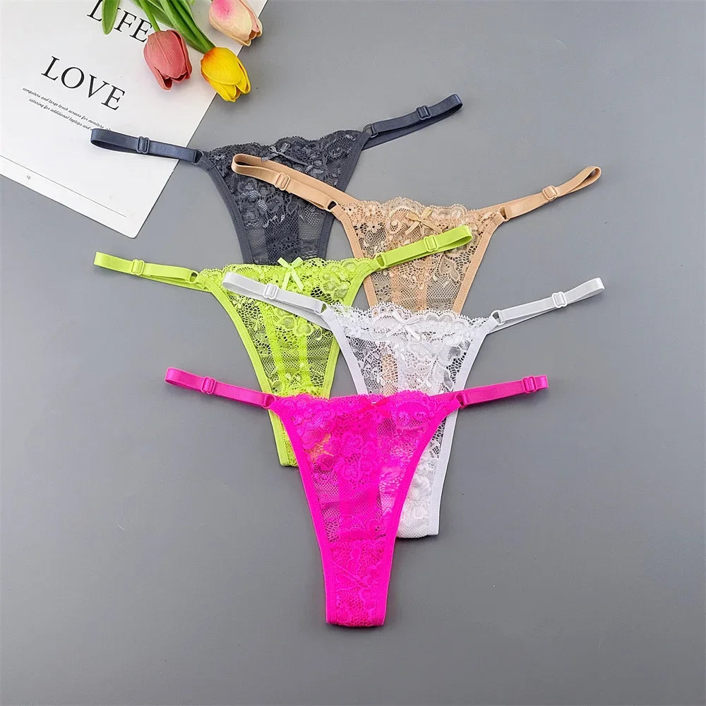5PCS Free Shipping Seamless Women Thong Panties Adjust Belt Sexy Ice Silk G-string Lady Low Waist Lace Bikini T-back Plus Size TAVEN System LLC