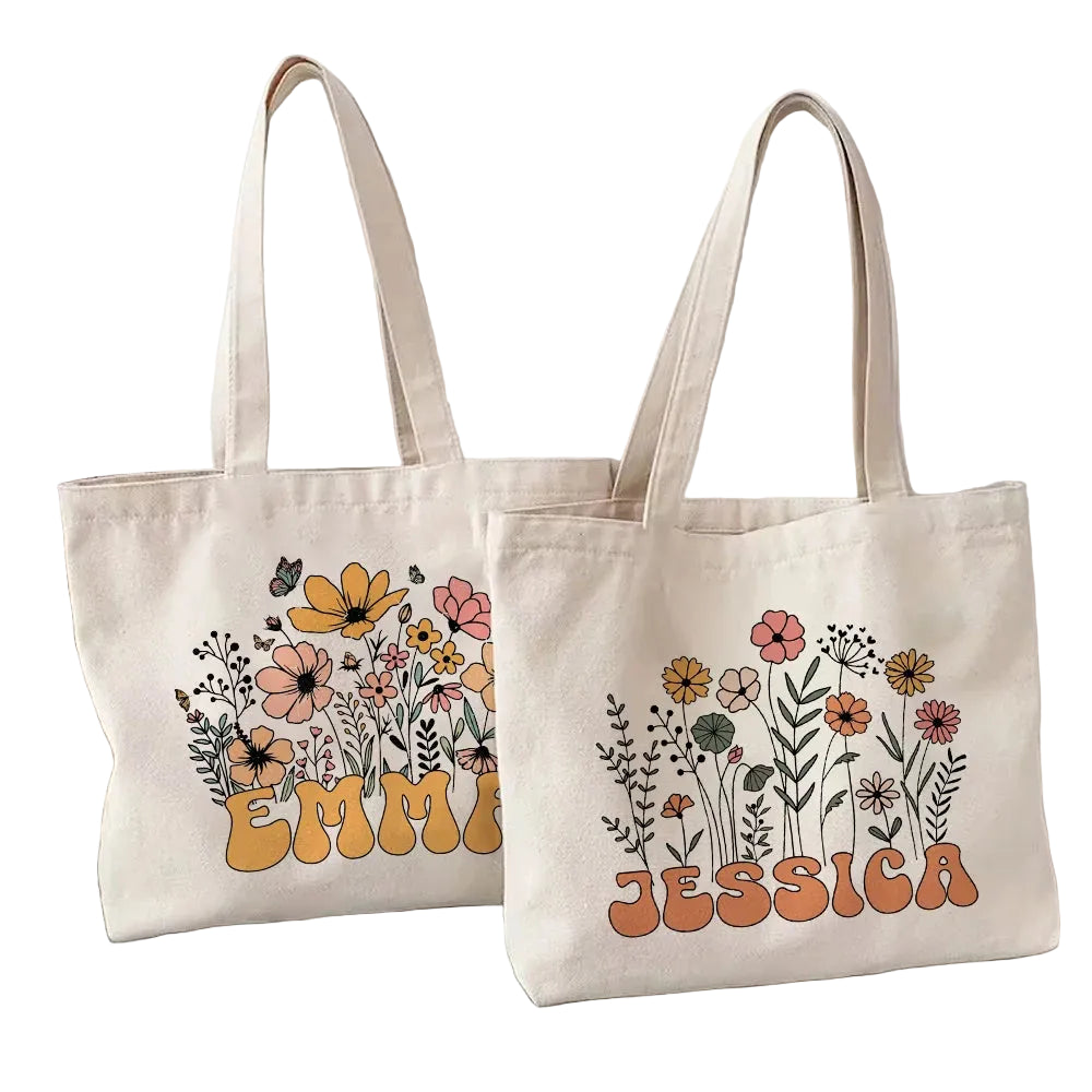 Personalized Flower Name Canvas Tote Bag Women Shoulder Shopper TAVEN System LLC
