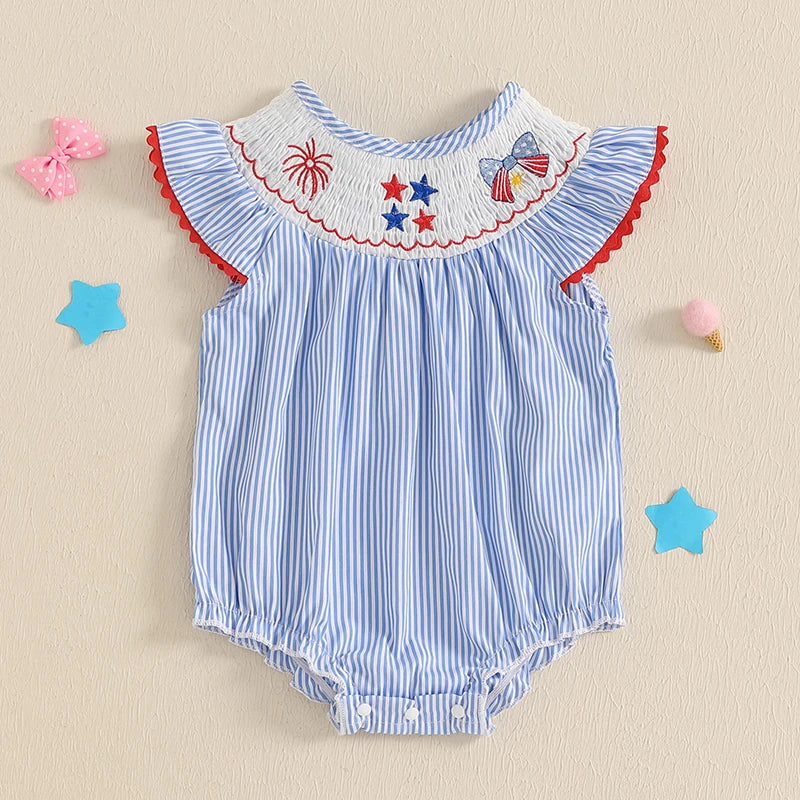 Baby Girl Striped Fly Sleeve Romper with Stars and Bow Outfit