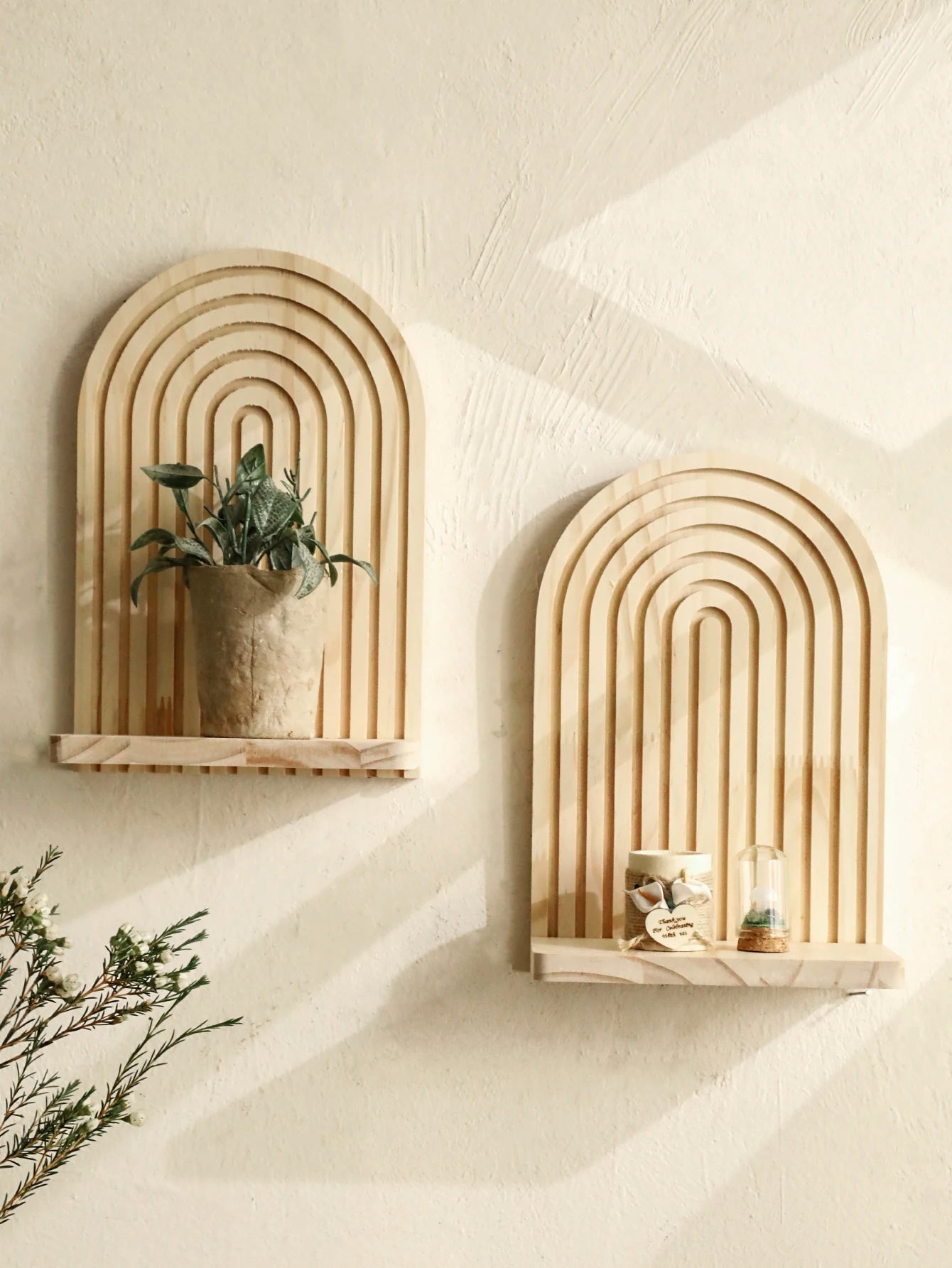1Pc Boho Style Wooden Wall Shelves - Geometric Wall Mounted Shelves, Natural Wood Finish, Modern Home Decor, Plant Decorative TAVEN System LLC