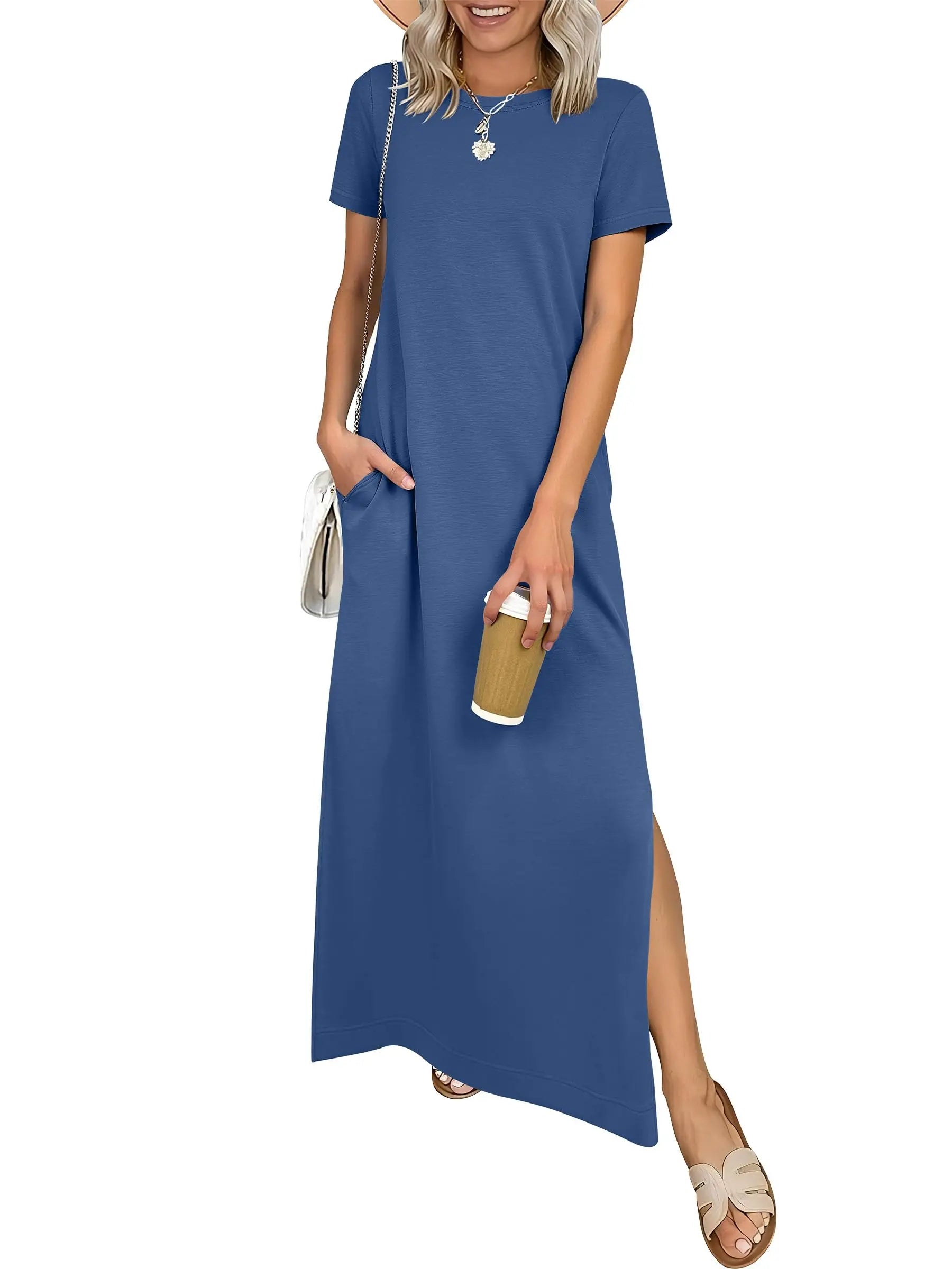 Women Short Sleeve Maxi Dress Crew Neck Side Split Casual Loose Dress