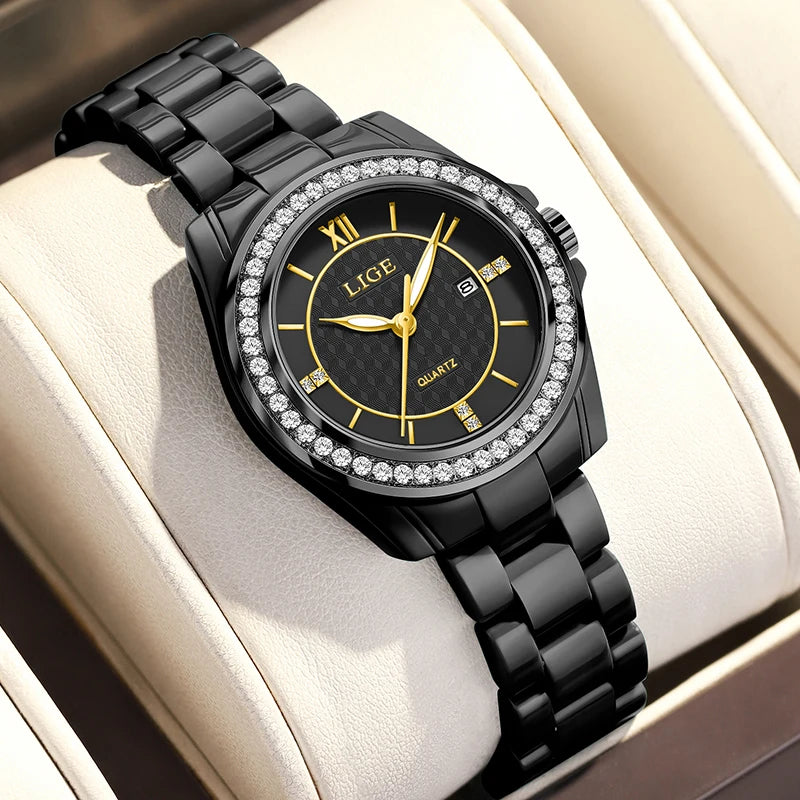 LIGE New Pink Watch Women Watches Top Brand Luxury Ceramic Watch Women Fashion Sport Waterproof Quartz Watch Female Montre Femme - TAVEN System LLC