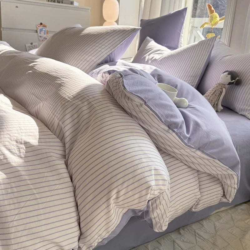 Soft Washed Cotton Bedding Set Striped Style Duvet Cover Sets with Quilt Cover Bedsheet Pillowcase 100% Cotton Bed Sheet Sets TAVEN System LLC