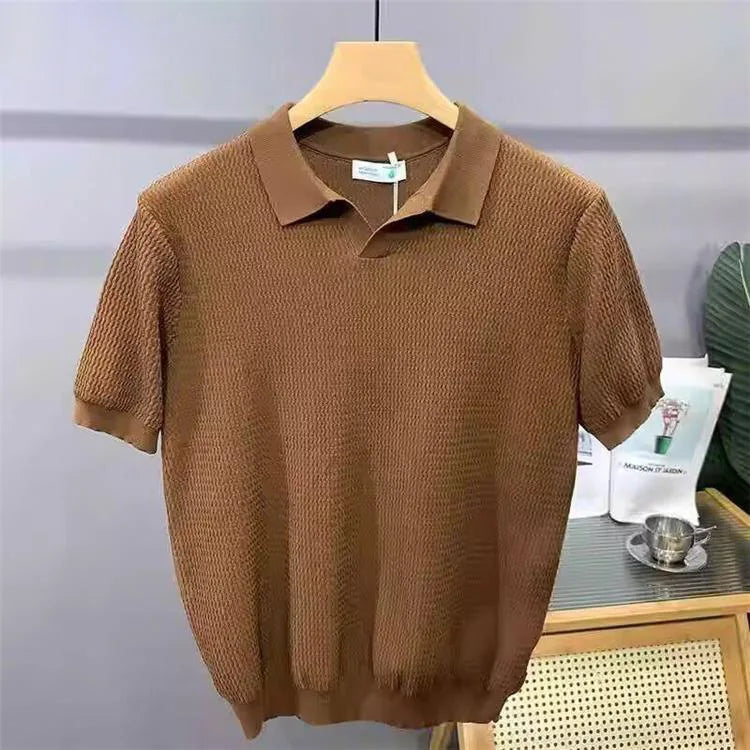 Men Ice Silk V Neck Polo Shirt Slim Fit Summer Breathable Casual Tee TAVEN System LLC