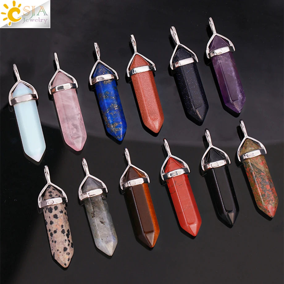 CSJA Hexagonal Bullet Crystal Necklaces Natural Gem Stone Quartz Necklace Pendant Chakra Amethysts Pink Quartz Lapis Lazuli G957 TAVEN System LLC