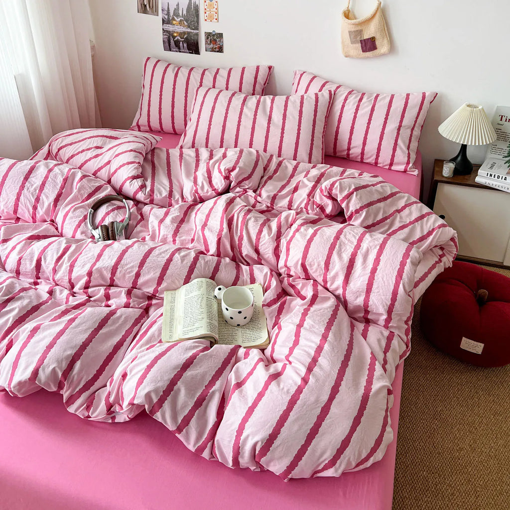 3pcs Simple Pink Striped Duvet Cover Set with 2 Pillowcases Soft Washed Cotton Bedding Set For Girls 150x200cm Bedroom Decor TAVEN System LLC