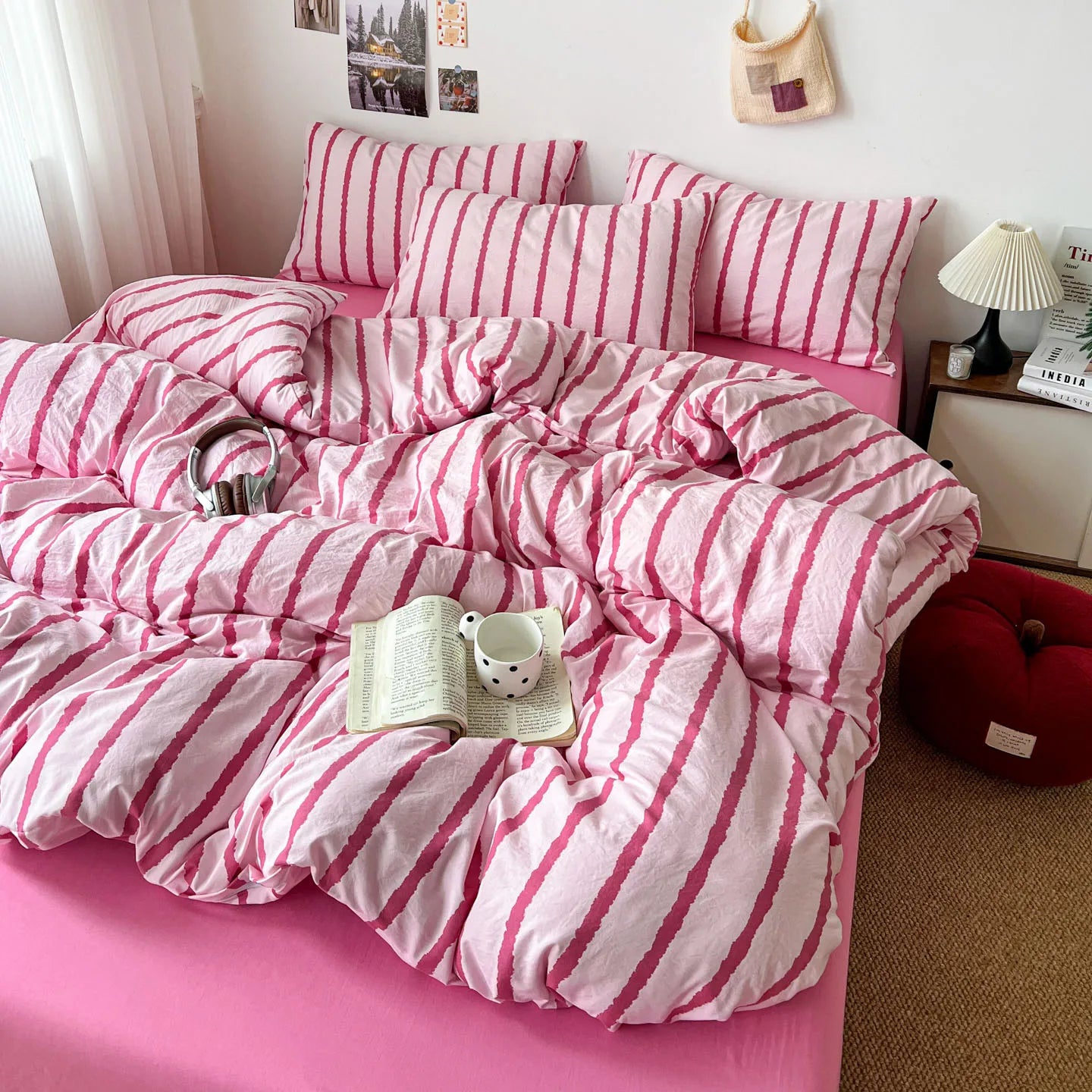 3pcs Simple Pink Striped Duvet Cover Set with 2 Pillowcases Soft Washed Cotton Bedding Set For Girls 150x200cm Bedroom Decor TAVEN System LLC