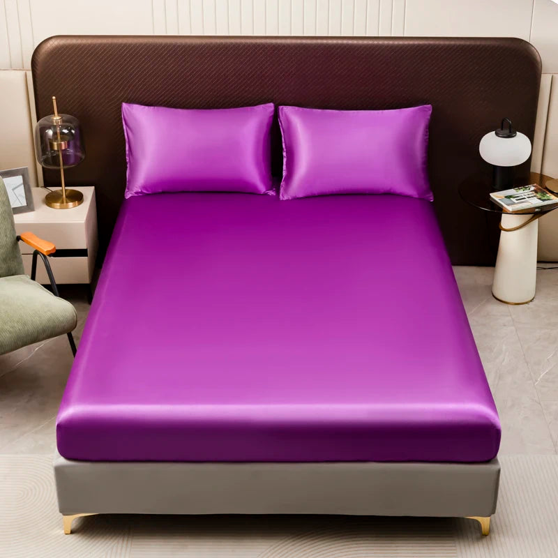 3Pcs Black Satin Fitted Sheet Solid Colour Twin Full Queen King Ice Silk Mattress Cover With Elastic Band Bed Sheet Pillowcases TAVEN System LLC