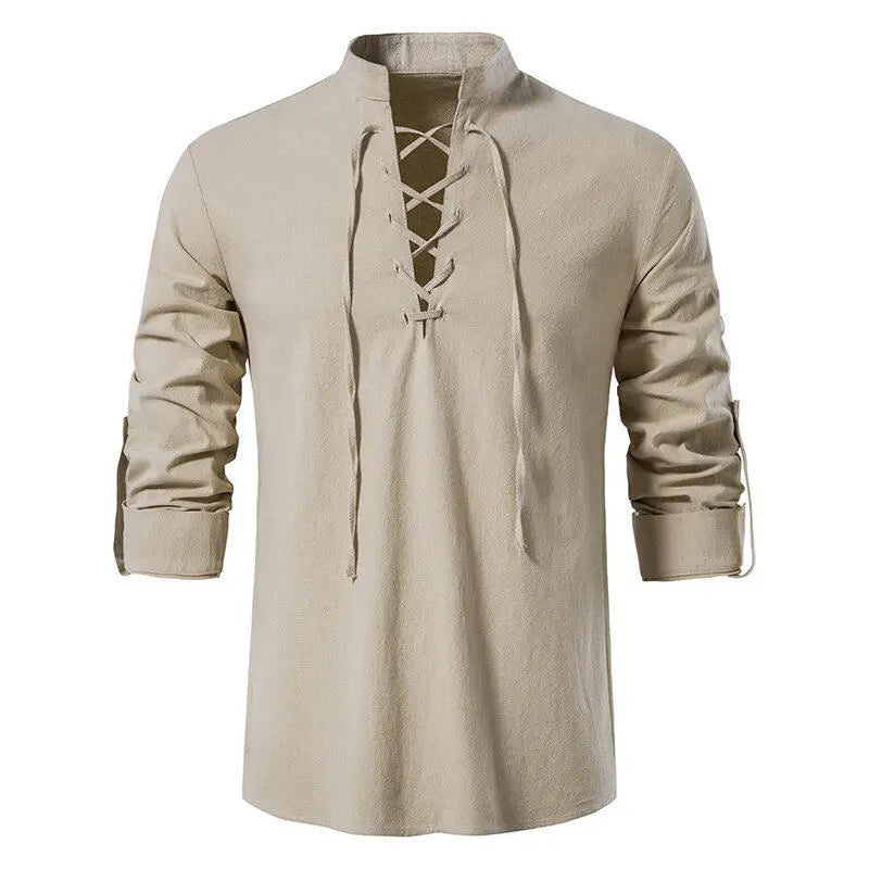 Men's  Casual Henley Shirt  Stand Collar Long Sleeve with Drawstring Cuffs Casual Henry Collar Shirt TAVEN System LLC