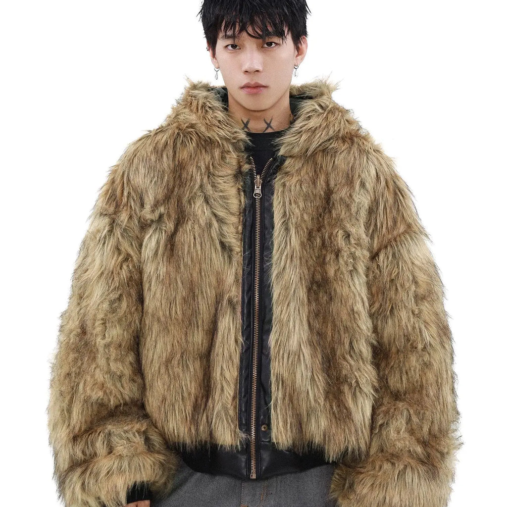 Men Luxury Vintage Faux Fur Reversible Hooded Winter Leather Coat