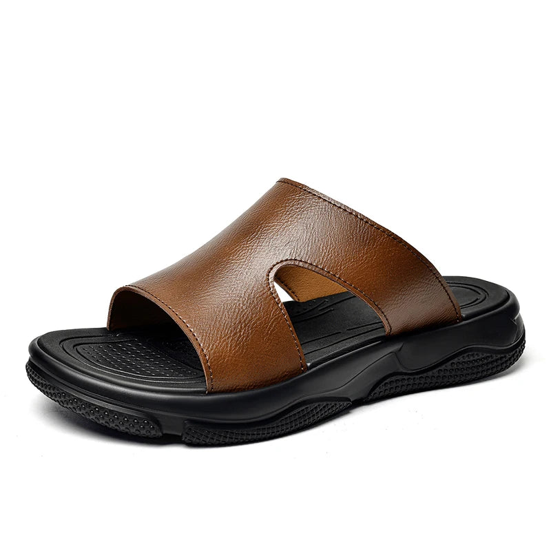 Men's Leather Slide Sandals Non-slip Thick Sole Casual Slippers Summer Outdoor Beach Shoes Breathable Lightweight Footwear TAVEN System LLC