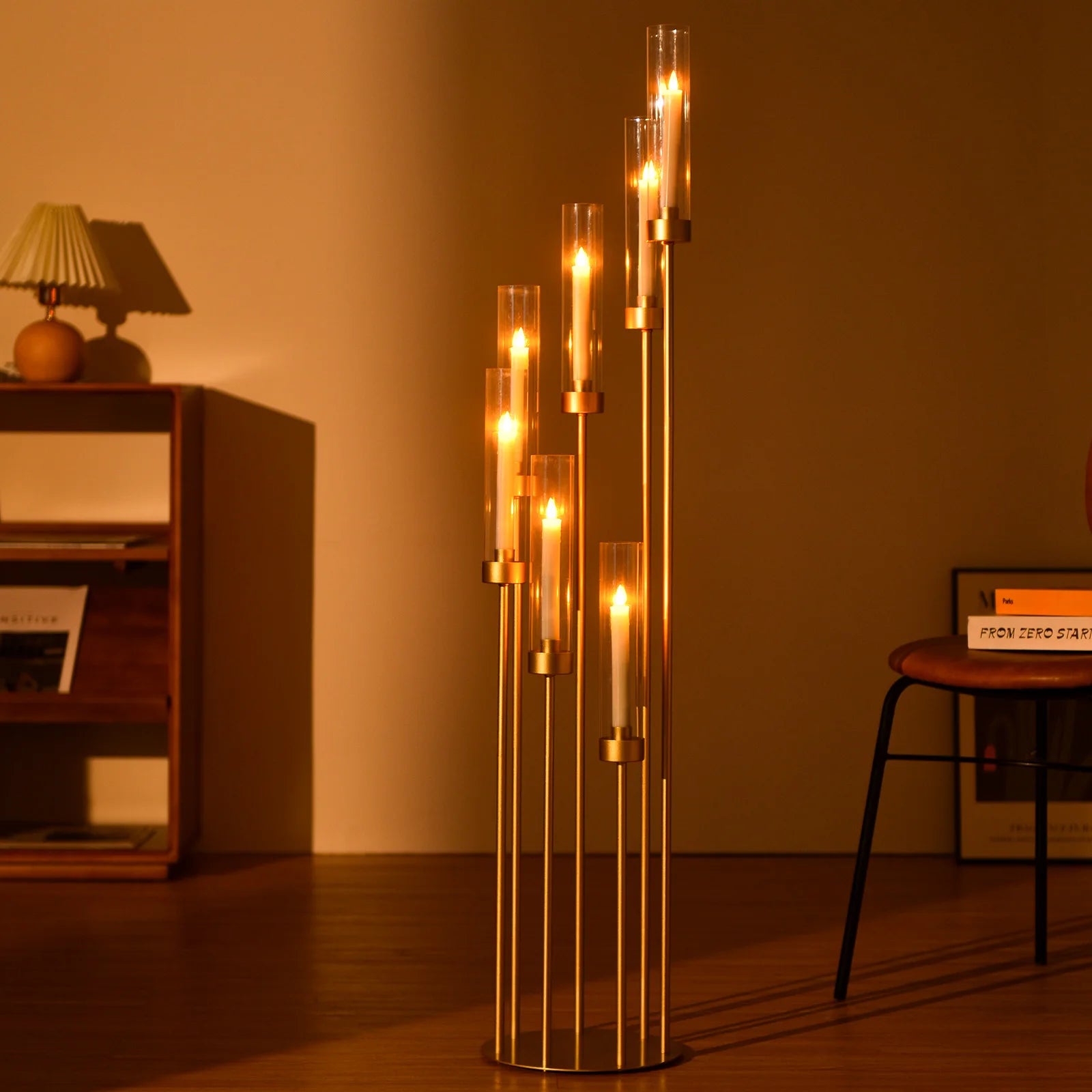 4Sets 7 Arms Floor Candelabra Wedding Centerpieces Gold 48" Tall Metal Candlestick Holders with Acrylic Removable Lampshade TAVEN System LLC