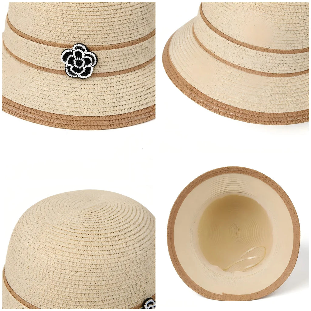 Women Straw Bucket Hat Floral Camellia Beach Sun Panama Cap TAVEN System LLC