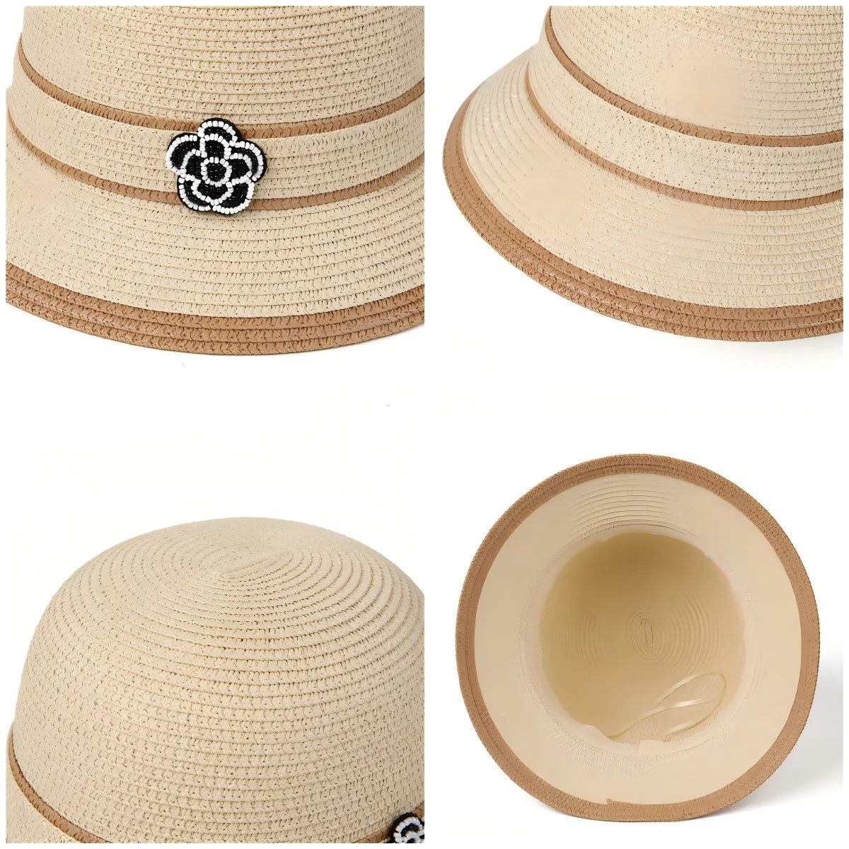 Women Straw Bucket Hat Floral Camellia Beach Sun Panama Cap TAVEN System LLC