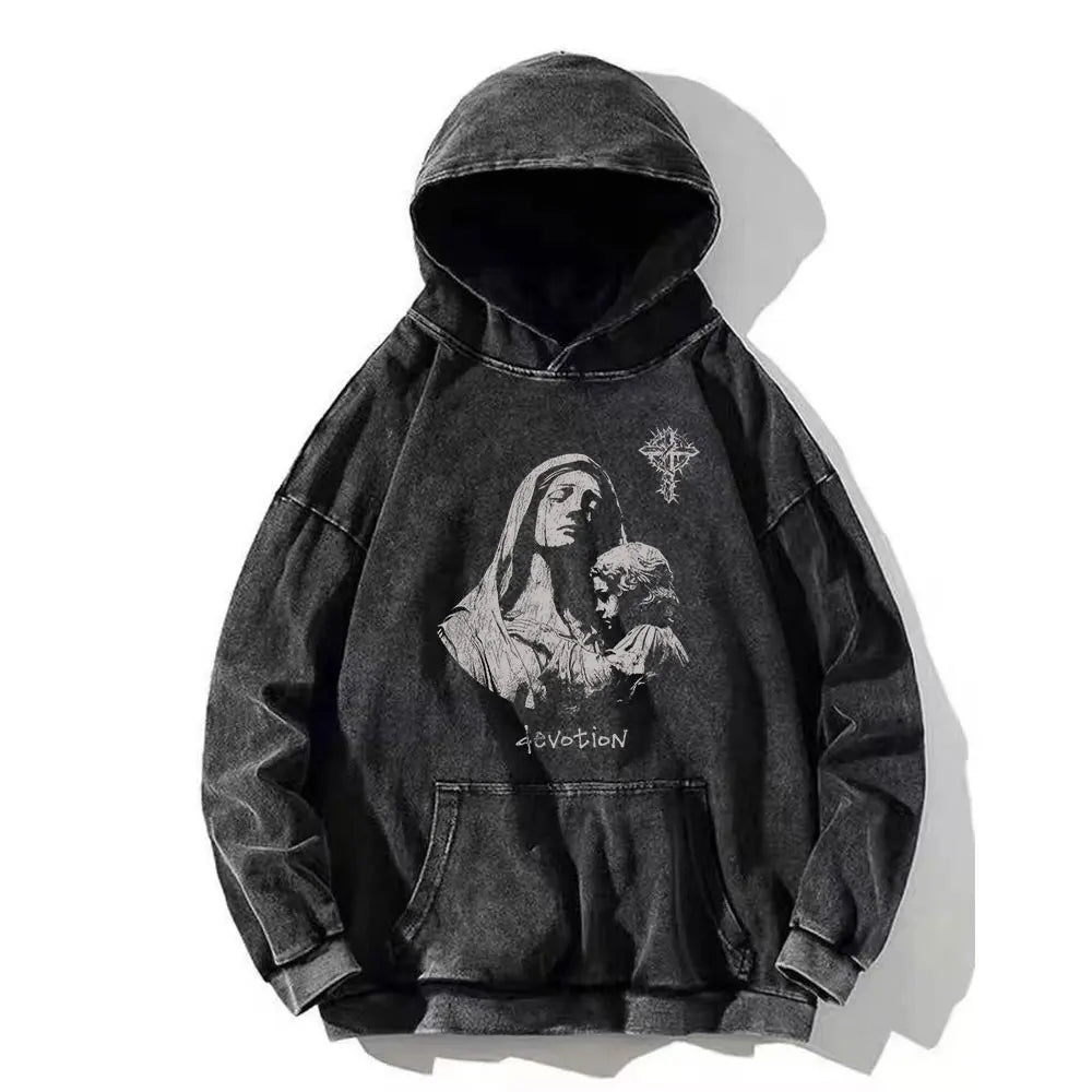Men Vintage Psalm 91:11 Cotton Hoodie Washed Hip Hop Sweatshirt