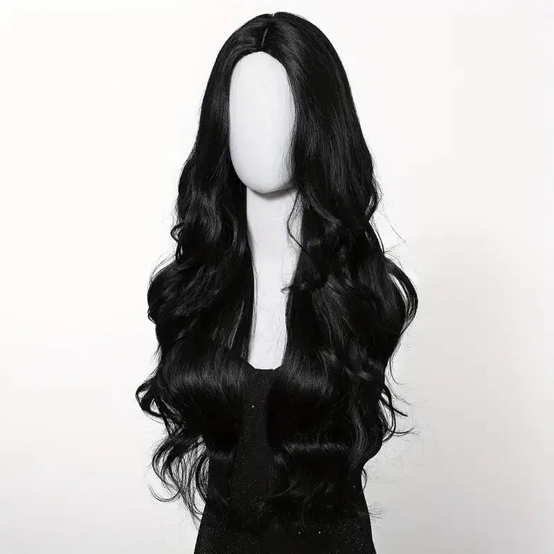Color: #3 - Black synthetic wig with middle-parted long hair and big waves for party or daily use. High-temperature synthetic hair cap. Taven