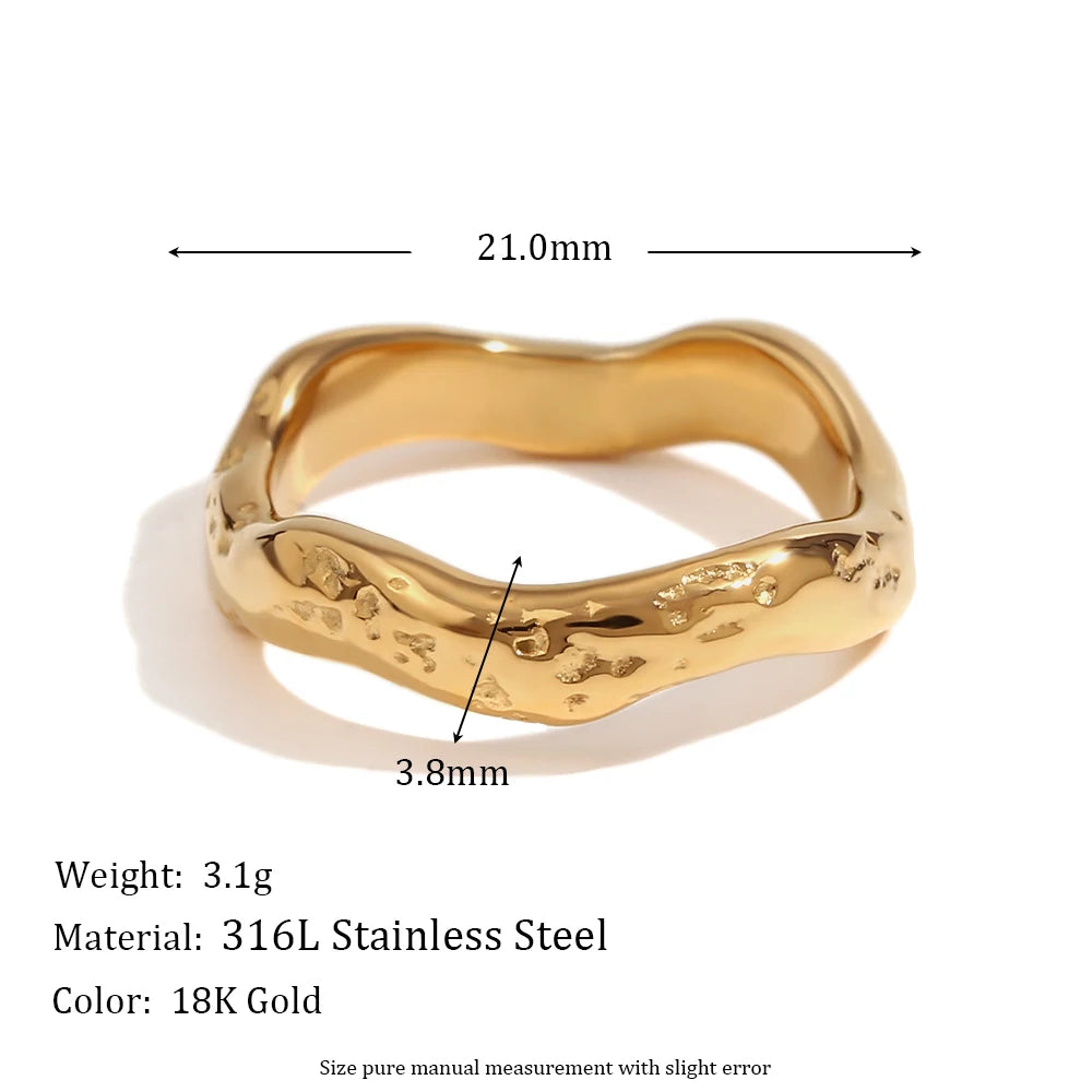 E.B.belle Beat Pattern Wave Plain Ring Waterproof Tarnish Free 18K Gold Plated Women's Rings 316L Stainless Steel Accessories TAVEN System LLC