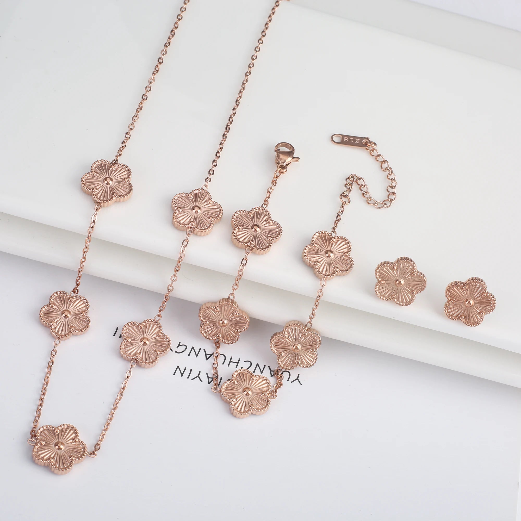3Pcs 18k Gold-Plated Five-Leaf Flower Necklace Earrings Bracelet Jewelry Set for Woman Fashion Party Jewelry Daily Wear Clover TAVEN System LLC