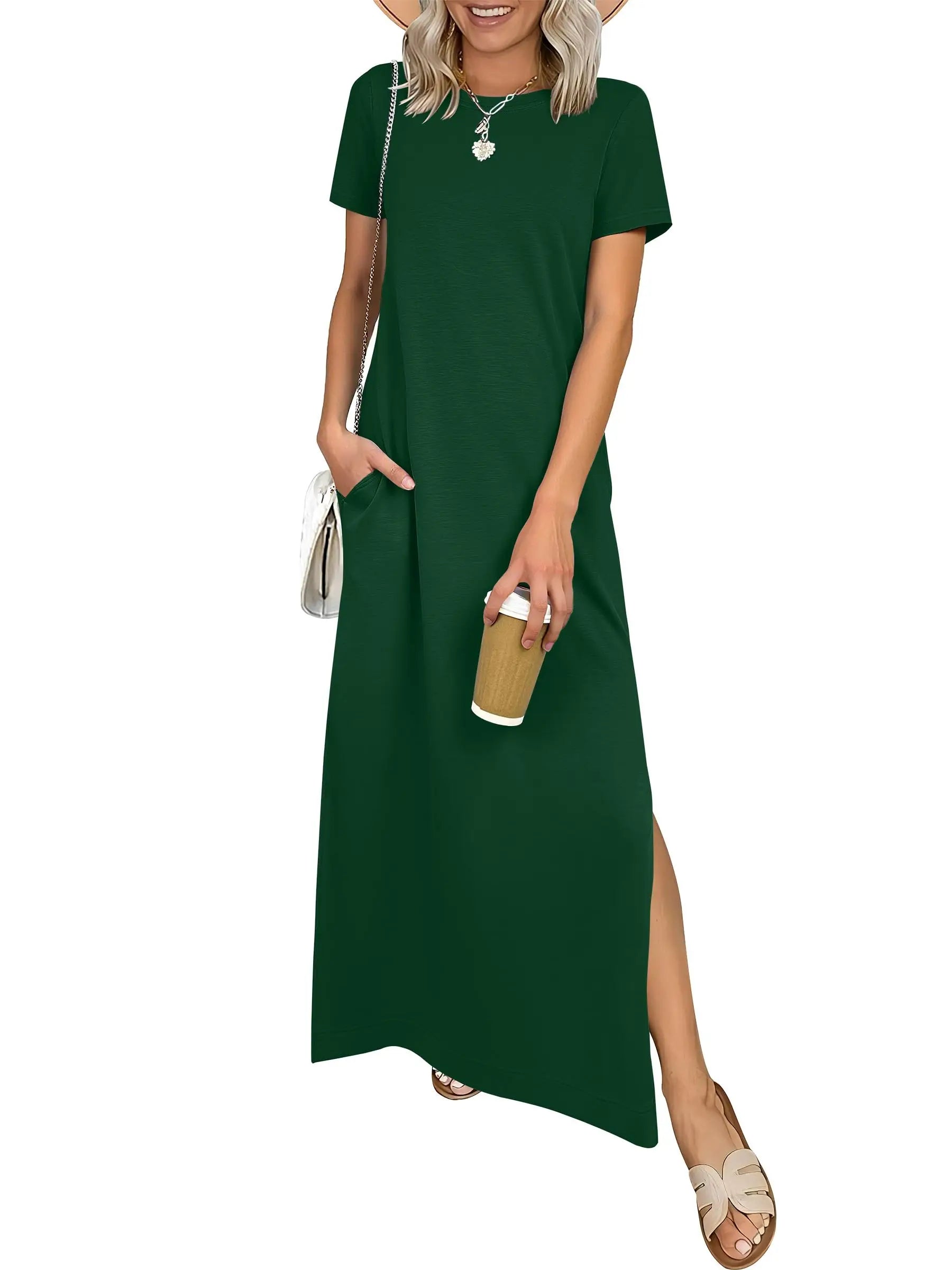 Women Short Sleeve Maxi Dress Crew Neck Side Split Casual Loose Dress