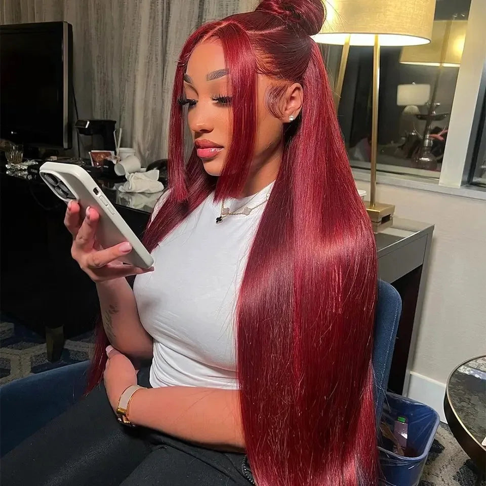 Straight 99J Burgundy Red Color Synthetic 13X4X1 HD Full Lace Frontal Wig For Women Prepucked Baby Hair Glueless Wig Daily Party