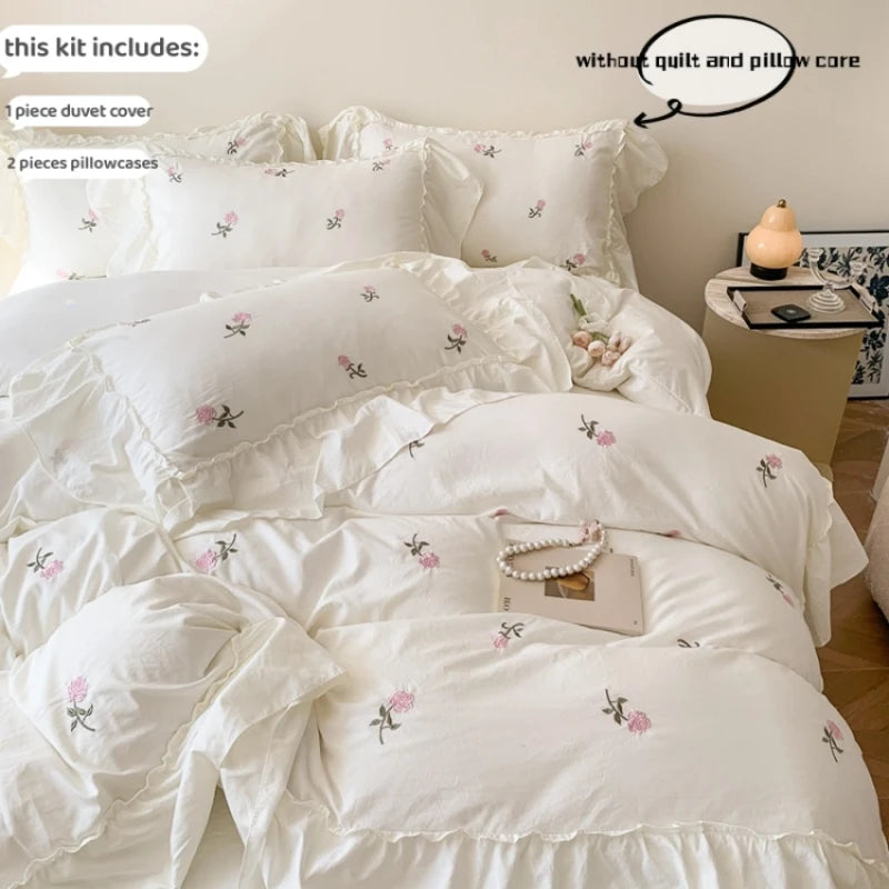 3pcs Rose Embroidered Duvet Cover Set (1*Duvet Cover + 2*Pillowcase, Without Core), Princess Style Lace Bedding Set TAVEN System LLC