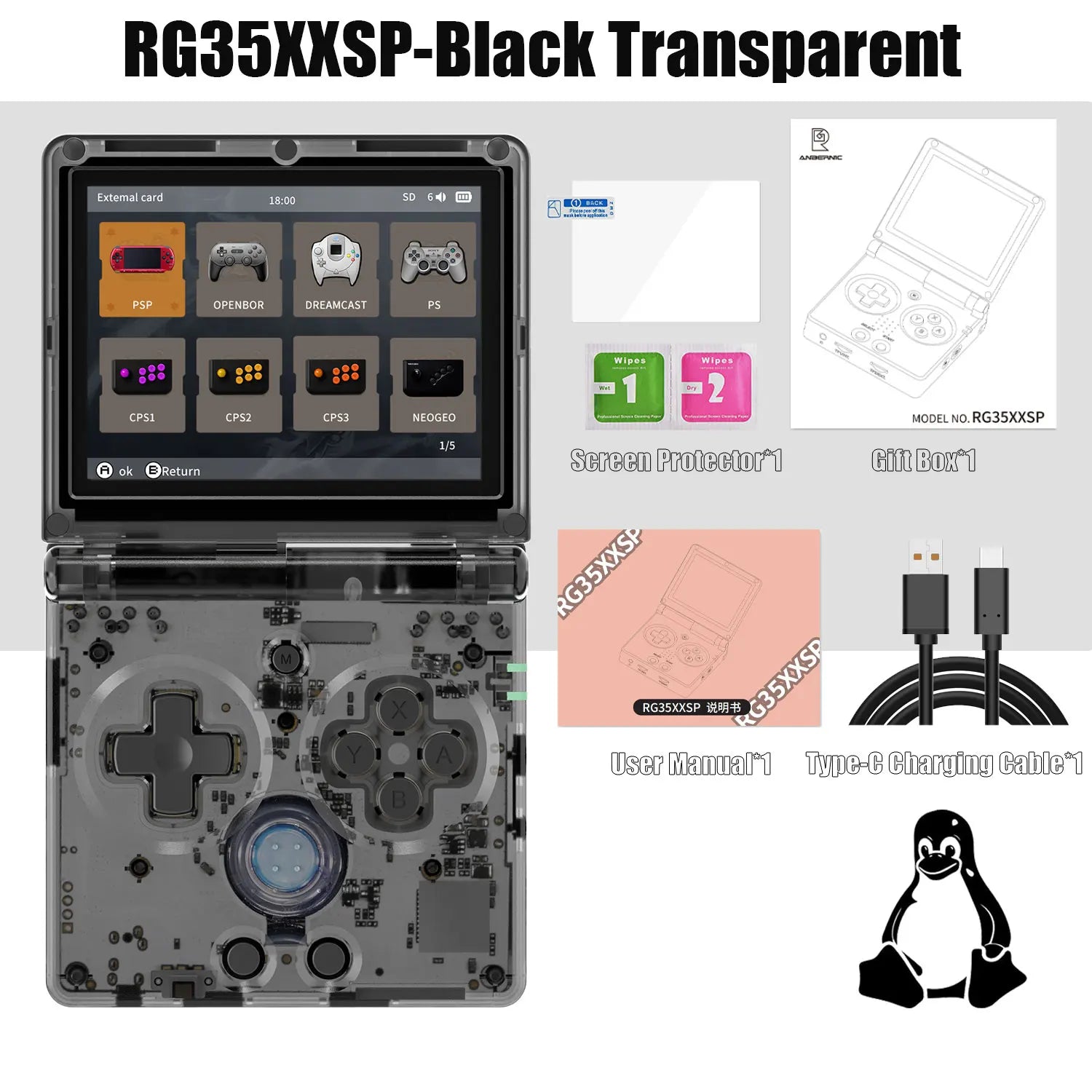 ANBERNIC RG35XXSP FILP 3.5 Inch IPS Screen Retro Game Console 64GB Built-in TF Card 3300mAh Battery Linux System HD TV Output Support Classic Casual Gaming  Built-in Hall Switch Chip TAVEN System LLC