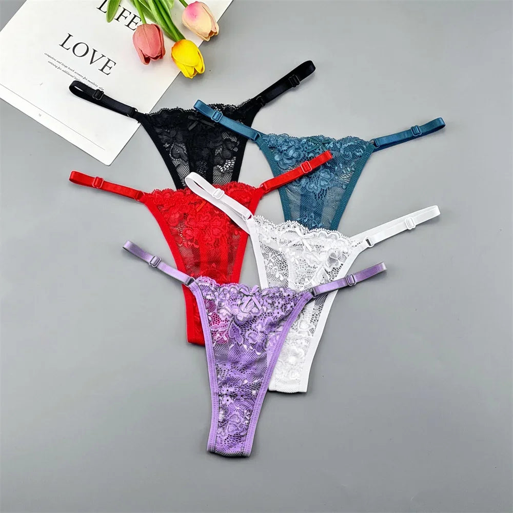 5PCS Free Shipping Seamless Women Thong Panties Adjust Belt Sexy Ice Silk G-string Lady Low Waist Lace Bikini T-back Plus Size TAVEN System LLC