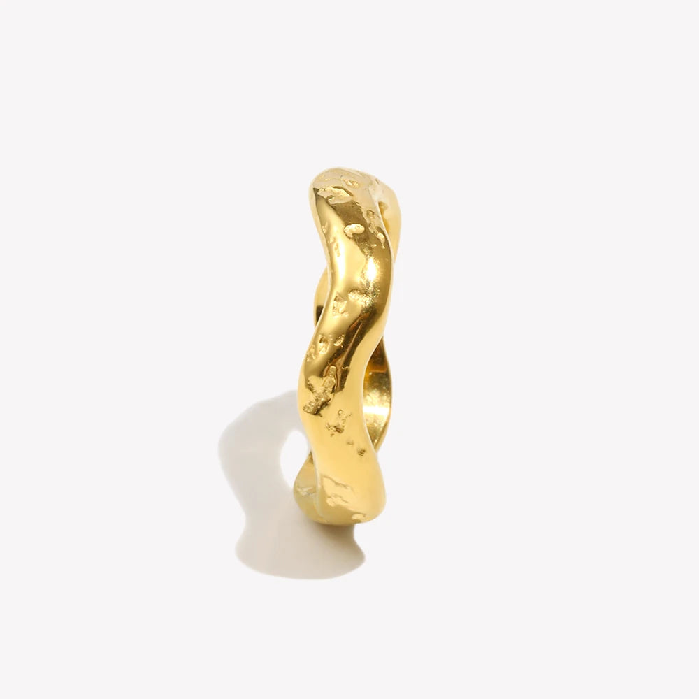 E.B.belle Beat Pattern Wave Plain Ring Waterproof Tarnish Free 18K Gold Plated Women's Rings 316L Stainless Steel Accessories TAVEN System LLC