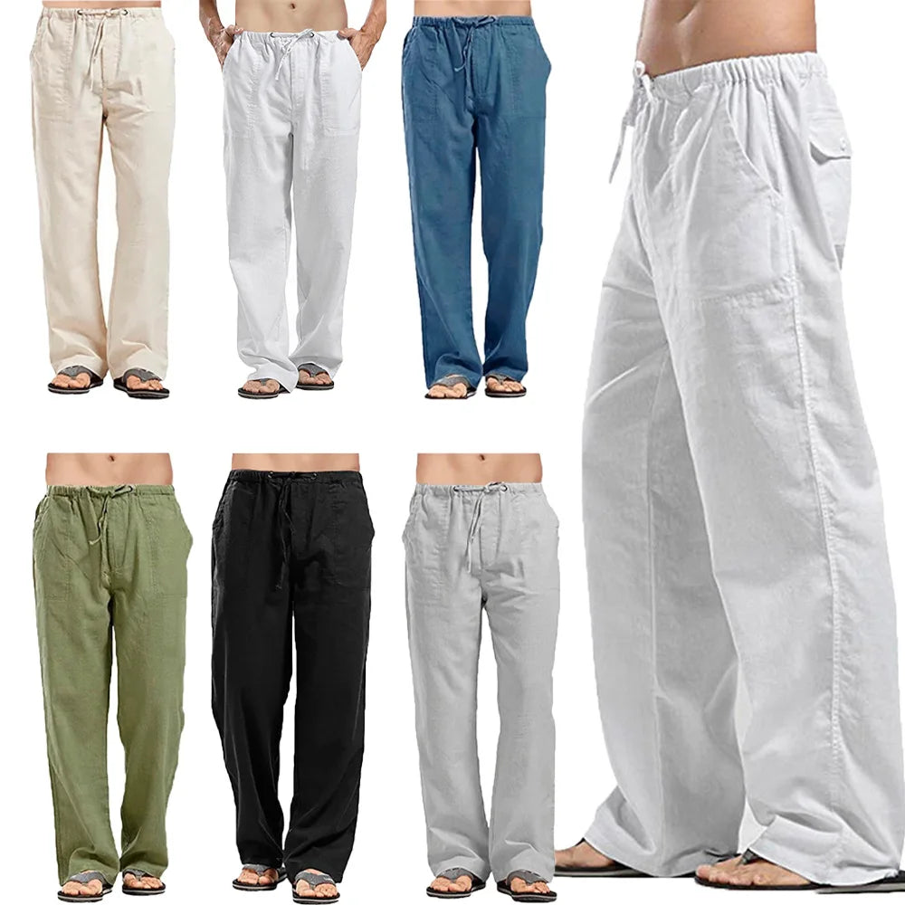 Men's Cotton Linen Pants Summer Solid Color Breathable Linen Trousers Male Casual Elastic Waist Fitness Pants TAVEN System LLC